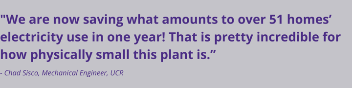 We are now saving what amounts to over 51 homes’ electricity use in one year! That is pretty incredible for how physically small this plant is.” - Chad Sisco, Mechanical Engineer, UCR